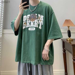 Erkek Tişörtler Kore tarzı retro yıkanmış batik t gömlek unisex şantlı kısa kollu harajuku katı pamuk nefes alabilirlik baskısı tees casual üst l230520