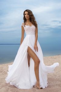Jewel Cap-рукав шифон A-Line Свадебные платья империя по талии развертка поезда с разделенным аппликацией свадебное платье