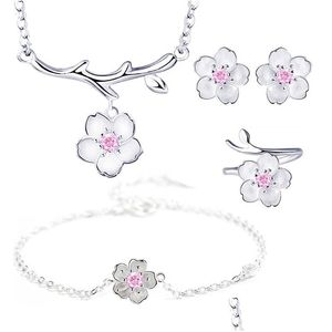 Earrings Necklace Bridal Jewelry Sets Sier Plated Purple Pink Crystal Cherry Blossoms Flower Necklaces Rings For Women Dro Dhsjb