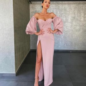 New Straight Evening Dresses Off-Shoulder Long Sleeve Floor-Length Satin long Backless Split Plus Size Prom Party Gown Custom