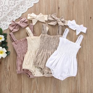 Rompers spädbarnsbarn Girls Summer Elastic Jumpsuit Outfit Solid Color Ruched Casual Sleeveless Suspender 230525