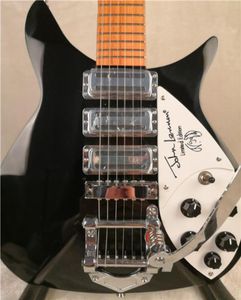 JohnLennon 325 Korte schaallengte 527 mm 6 String Black Electric Guitar Bigs Tremolo Gloss Paint Benebord 5 graden hoek HOODSTO5071564
