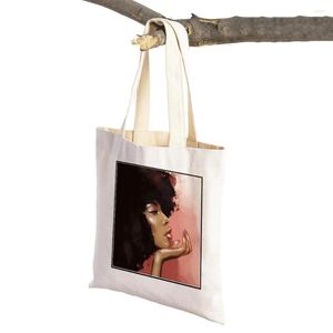 Borse per la spesa Moda Ragazza africana Borsa Borsa Riutilizzabile Bella donna nera Stampa Casual Tote Cartoon Donna Canvas Shopper