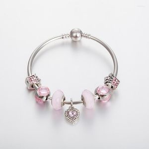 Bangle Sweet Lovely Crown Charm Armband för kvinnor Girl Diy Silver Color Pink Crystal Pärlor Armband Bangles Jewelry Gift Bijoux
