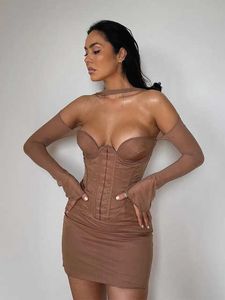 Höstkläder kvinnor chic mesh långärmad bodycon mini klänningar elegant fest bruna dräkter