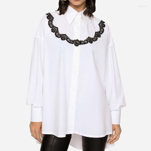 Женские блузки 2023 Высококачественные водорастворимые кружевы маленькая металлическая передняя коротка модная хлопковая рубашка с длинным рукавом женские топы рубашки