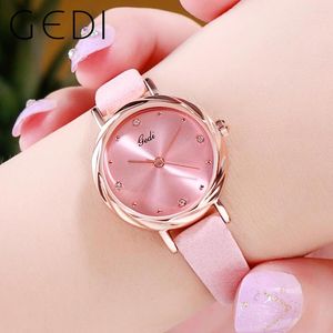 Avanadores de pulso gedi elegante cinta de couro rosa assiste a água impermeável quartzo de moda assistir 2023 na tendência do relógio feminino