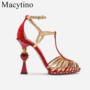 Sandali Scarpe da sposa in cristallo rosso rosato Donna Gladiatore con strass T Strap Cut Outs Tacchi alti da donna Estate