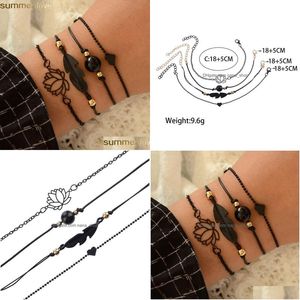Beaded 4Pcs Set Bohemian Lotus Bracelets Set Summer Design Black Feather Heart Charm For Women Girls Jewelry Drop Delivery Dhfpc