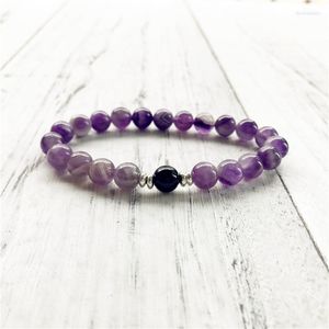 Strand Purple Quartz and Black Onyx Armband Wrist Mala Pärlor Protection Master Healer Fashion Yoga Keep Balance