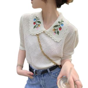 Women's summer short sleeve flower embroidery peter pan collar knitted shirt tees SMLXL