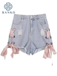 Shorts sexy Frauen Denim Shorts 2023 Sommer Blue Jeans Y2k Streetwear Mode Ripped Loch Pink Side Schnürschuhe heiße Hosen 2000er Jahre Gyaru