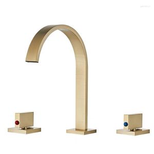 Bathroom Sink Faucets Brass Basin Faucet Brushed Gold Tap Square 3 Hole Double Handle And Cold Water