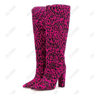 Olomm Handmade Women Knee High Boots Leopard Style Chunky Heels Pointed Toe Purple Fuchsia Party Shoes Women Plus US Size 5-15