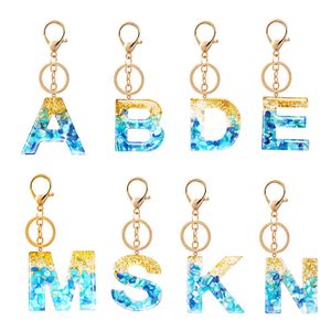 Keychains Lovely Gold Foil Blue Gradient Colorful Resin Letter A-Z Keychain Men's Handbag Car Keyring Pendant Fashion Jewelry Gift G230525