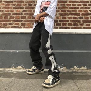 Męskie spodnie szkielet kość haftowa vintage czarne dżinsy męskie High Street proste luźne hip hop harem męski ładunek streetwear dżins