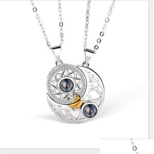 Pendant Necklaces 100 Languages Couple Heart Lovers Necklace Gold Sier Charm Magnetic Sun And Moon Valentines Day Drop Delivery Jewe Dh3Si