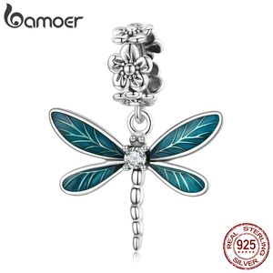 Bamoer äkta 925 Sterling Silver Gorgeous Dragonfly Pendant Charm Fit Women Original Armband eller halsband Fin smycken gåva