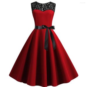 Sukienki swobodne Modna koronkowa patchwork Big Swing Kobiety Vintage Eleganckie rękawowe Bow Rockabilly Party Princess Dress 90s