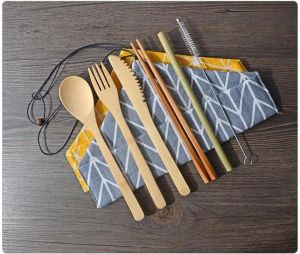 Dinnerware Sets Portable Natural Bamboo Straw Spoon Fork Knife Chopsticks Cleaning Brush Kitchen Utensil Cutlery Set