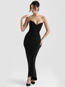 Mulheres sem alças sereia maxi vestido festas roupas 2022 chique elegante vestido de noite de coquetel preto elegante em camadas duplas