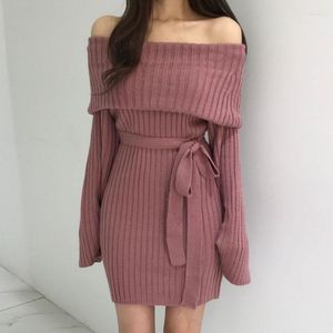 Casual Dresses Duofan Elegant Dress Women Korean Chic Off Shoulder Lace Up Midje Knit Autumn Straight Neck Long Sleeve Wrap Hip kjolar