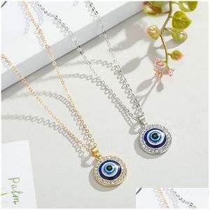 Pendant Necklaces Evil Blue Eyes Necklace Turkish Gold Sier 10Mm 14Mm Geometric Coin Clavicle Lucky Protection Jewelry For Women Dro Dhfoc