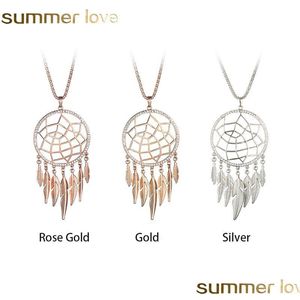 Anhänger Halsketten Lange Quaste Blatt Feder Halskette Hohl Schmuck Traumfänger Gold Farbe Für Frauen Geschenk Drop Lieferung Anhänger DHD7N