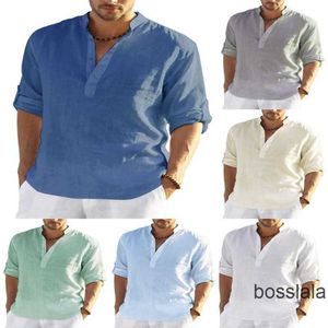 Stile classico Abbigliamento da uomo Designer Polo T Shirt Camicia con scollo a V in lino superiore Maglietta allentata Camicetta di lino in cotone a maniche lunghe tinta unita Taglie forti 3xl 4xl 5xl