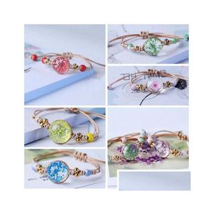 Braccialetti con ciondoli Palla di vetro Braccialetto di fiori secchi Corda fatta a mano Nodo Intrecciato Ceramica Perline Gioielli Drop Delivery Dhfqb