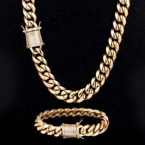 Men's Gold Plated Miami Cuban Link Bracelet & Chain Set With CZ Clasp 12mm