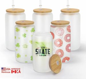 USA/CA المستودع المحلي تسامي Tumblers 16oz العلب الزجاجية مع أغطية الخيزران وأكواب البيرة القابلة لإعادة الاستخدام القابلة لإعادة الاستخدام