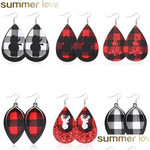 Charm Christmas Tree Pu Leather Earring Red Plaid Sequin Gattice Water Drop Deer Head Ear Jewelry for Women Leveransörhängen DH5UZ