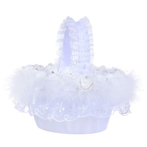 Cesta de cesto de menina de renda branca elegante cetim rosa redonda de casamento decoração l0519-5656