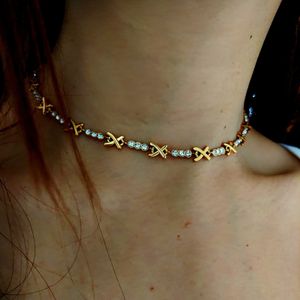 Pendanthalsband Round CZ Stone X Chain Choker Halsband för kvinnor Rostfritt stål Dainty Minimalist French Style Högkvalitativa smycken 230526