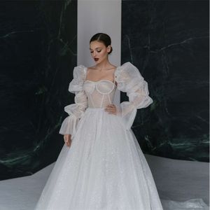 Glitter Tulle Wedding Dresses Sexy Spaghetti Neck Bridal Gowns For Bride Robe De Mariee Beach Sweep Train For Women With Sleeve