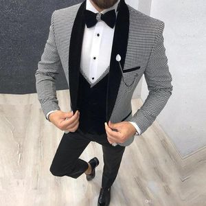 Mäns kostymer Spring/Autumn Plaid Kontrollera män med svart lapel 3 stycken bröllop smoking brudgummen blazer västbyxor smal fit kostym homme