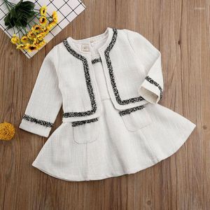 Set di abbigliamento CANIS Autunno Primavera Cute Kid Neonata Manica lunga Patchwork Lino Pageant Coat Top Tutu Dress Abiti da festa 2PCS 1-6Y