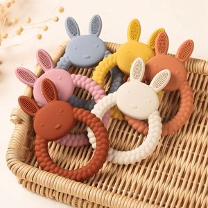 Rattles Mobiles 1pc Baby Silicone Teether Cartoon Rabbit Rodent Teething Ring Food Grade Diy Accessories Molar Toys Infant Rattle Toy 230525