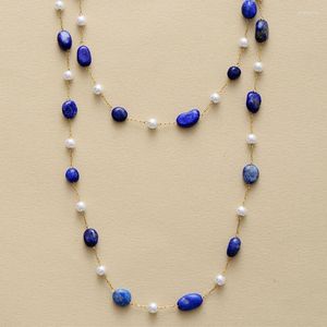 Chains Elegant Gold Plated Lapis Apatite Stone Pearl Statement Layered Protection Necklace Collar Lariat Neck Teengirl Jewelry