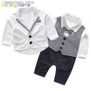 Наборы одежды 2pcs/0-24 месяцев/весенняя осень новорожденных мальчиков Джентльмен для детского костюма белая пиджака+сункомпинги для детей младенческой одежды BC1148 L230522