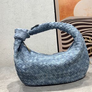 Handwoven Handbag Croissant Underarm Package High Capacity Tote Bag Cowhide Leather Denim Rhombic Weaving Knotting Zipper Closure Fashion