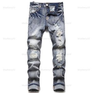 Mäns jeans europeiska jean hombre brevstjärna män broderi lapptäcke rippade för trendmärke motorcykel byxa mens mager designer jean varumärken