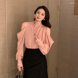 Women's Blouses Off Shoulder Fashion Full Sleeves Women Blouse V-Neck Ruffles Patchwork Ruched Chiffon Fabric Lady Tops Shirt Clothes