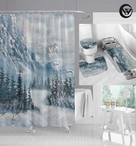 シャワーカーテン高品質のカーテンバスマットセット印刷冬の雪山風景トイレの敷物の家の装飾6051900