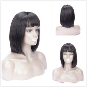 Perucas de cabelo humano sem cola com franja para mulheres negras pré-arrancadas malaio remy reto curto bob peruca pixie corte frontal fechamento de renda 4589589