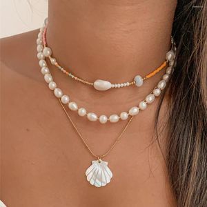 Pendant Necklaces Boho Multilayer Irregular Artificial Pearls Gold Color Chain Shell Necklace For Women Vintage Fashion Sand Jewelry Gift