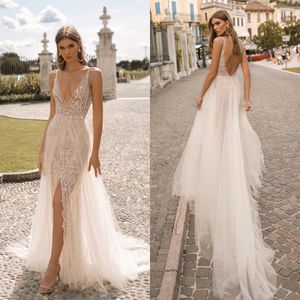 BERTA 2023 BEACH SPLIT Wedding Dresses V Neck Lace Appliqued Backless Bridal Gown Sleeveless Sweep Train Robe de Mariee