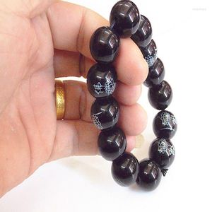 Strand Natural Crystal 16mm Rock Obsidian Lotus Buddha Pattern Beads Tibetan Prayer Mala Bracelet For Woman Buddhist Jewelry