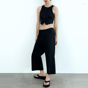 Kadınlar İki Parçalı Pantolon 2023 Kadın 2 Parçası Setler Moda Yelek Üstleri Düz Ofis Takım Vintage Kadın Kadın Kıyafetleri